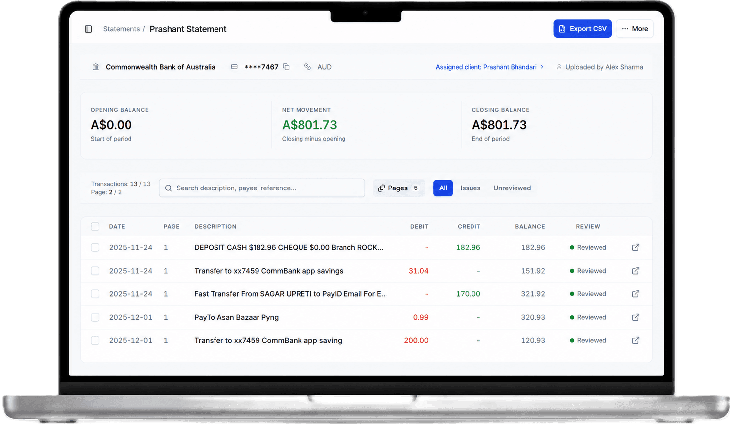 Xerofy dashboard showing statement extraction workflow